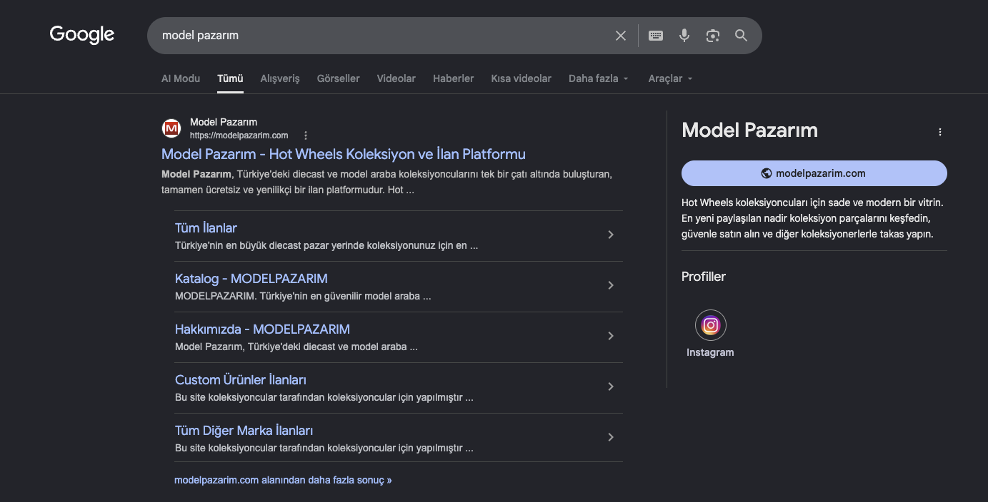 Model Pazarım ranking #1 on Google search results